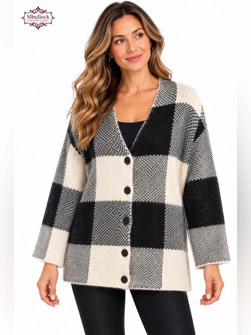 W21 Woolrich Oversized Buffalo Plaid Wool Blend Cardigan Black Cream